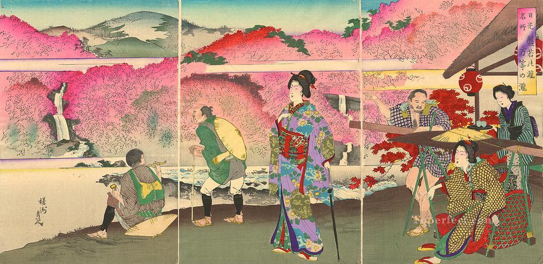 Lugares famosos de Nikko Meisho en la escena de Nikko de las cascadas Hannya y Hoto Toyohara Chikanobu Pintura al óleo